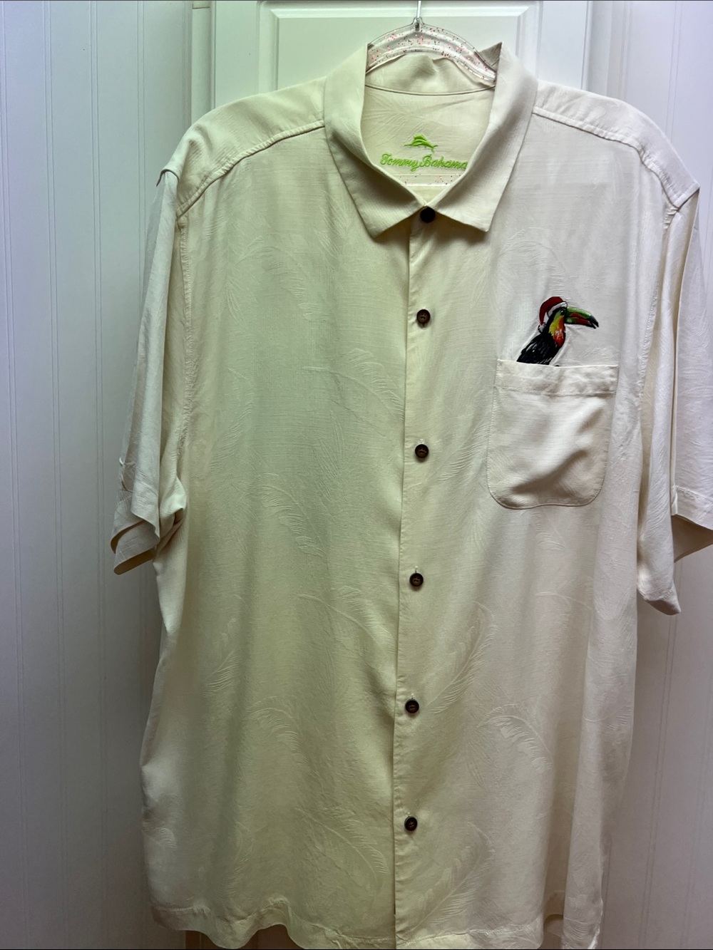 Tommy Bahama Cream Short-Sleeve Tropical Embroidered Pocket Shirt